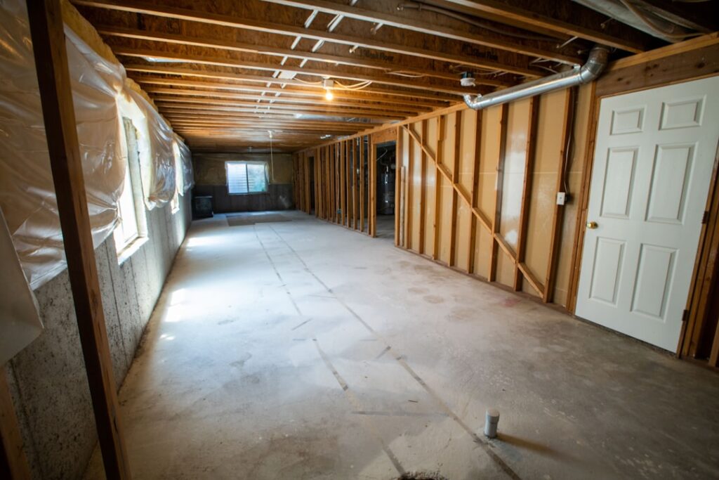 A person wearing gloves uses a flashlight to inspect plumbing pipes in a damp basement.