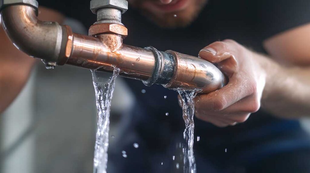 A homeowner photographs a digital water meter beside exposed household plumbing.