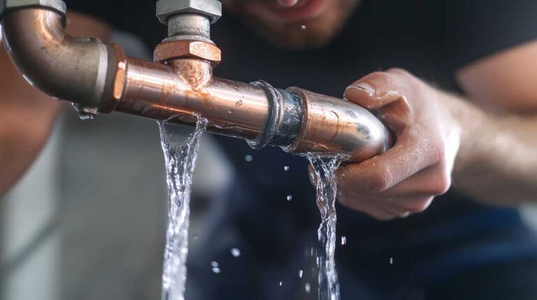 A homeowner photographs a digital water meter beside exposed household plumbing.